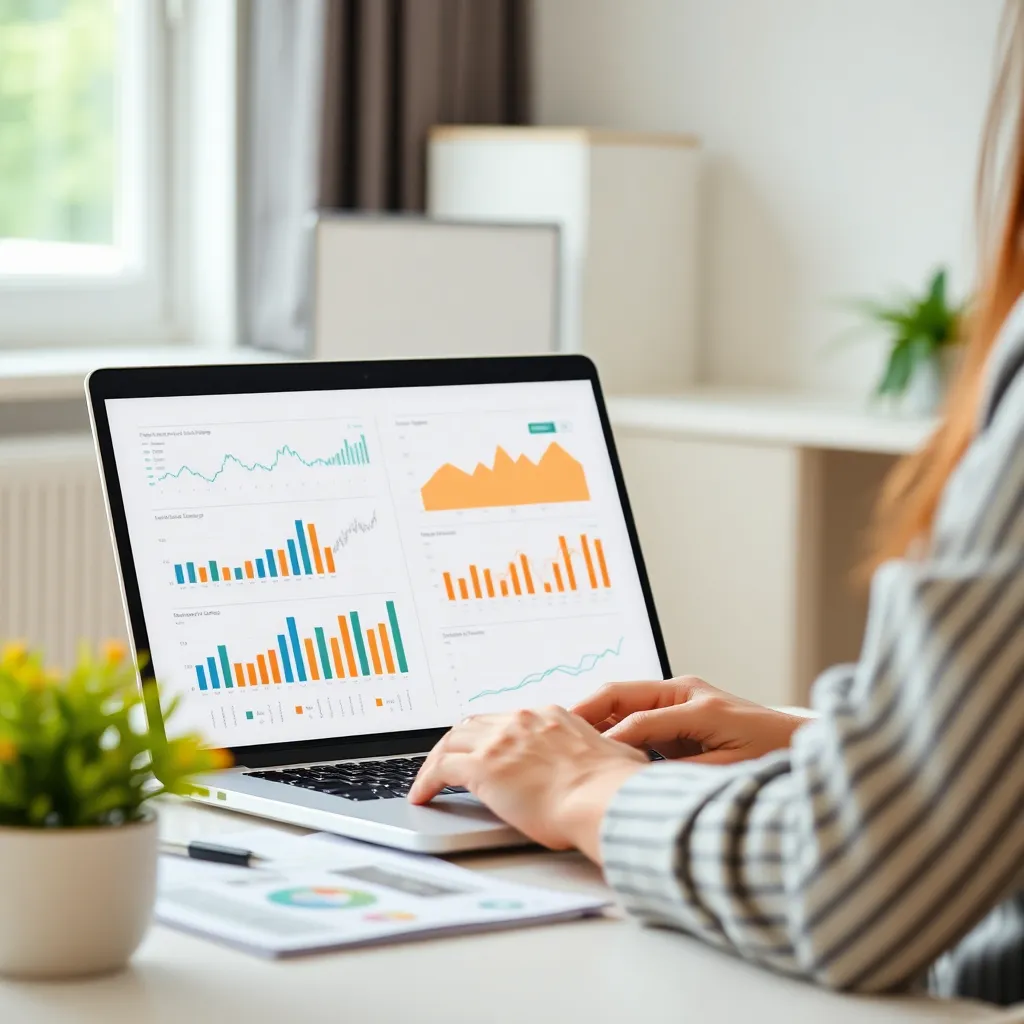 Person lernt online Finanzen mit Laptop und Finanzdiagrammen