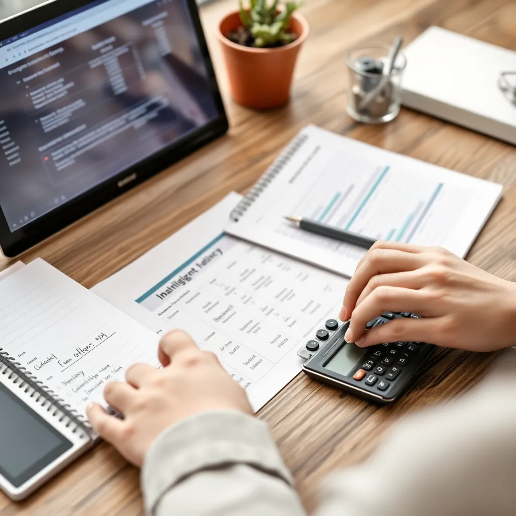 Person plant Budget mit Taschenrechner und Notizen