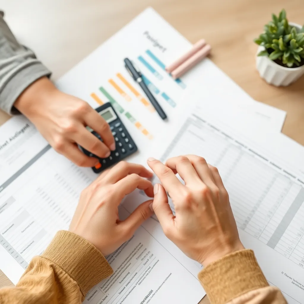 Eine Person arbeitet an einem Budget-Planungsdokument mit Taschenrechner